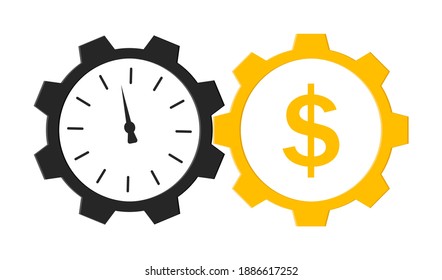 Time is money. Icon with clock and cog. Logo of wage and superannuation. Circles with hours and gear. Cash dollars after work. Beneficial investment and speed growth wealth. Profit in minute. Vector.