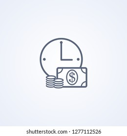 Time money icon, clock and coin, long term financial investment, superannuation savings, future income, annual revenue, money profit and benefit, vector best gray line icon on white background, EPS 10