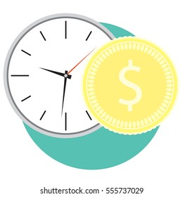 Time and money icon. Clock and golden coin. Vector illustration