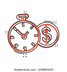 Time is money icon in comic style. Clock with dollar cartoon vector illustration on white isolated background. Currency splash effect business concept.