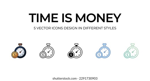 El tiempo es el diseño de iconos de dinero en estilo de cinco con el paso editable. Línea, Sólido, Línea plana, Color de tono Duo y Línea de degradado de color. Adecuado para diseño de páginas Web, aplicaciones móviles, UI, UX y GUI.