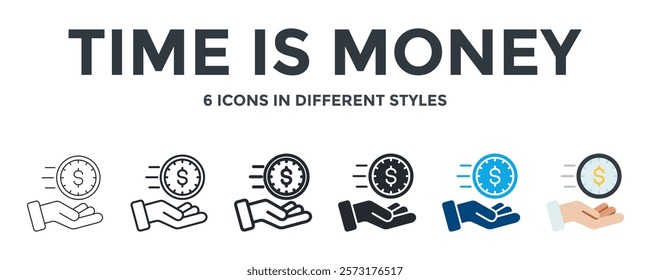 Time Is Money Icon In Different Style Vector Illustration. Designed In Thin Line, Regular Line, Bold Line, Glyph, Color Fill, And Flat Style Can Be Used For Web