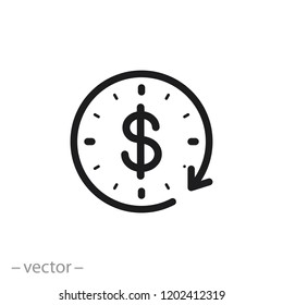 o tempo é o ícone do dinheiro, dólar com sinal linear do relógio isolado no fundo branco - ilustração vetorial editável eps10