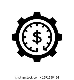 time is money icon, dollar with clock sign in black flat design on white background