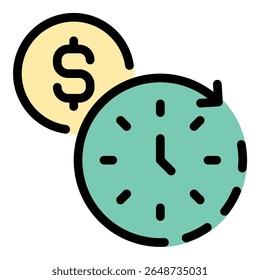 A ilustração do estilo flat line do ícone de tempo é dinheiro representa o valor do tempo e da produtividade, adequado para projetos de negócios, financeiros e de gerenciamento de tempo