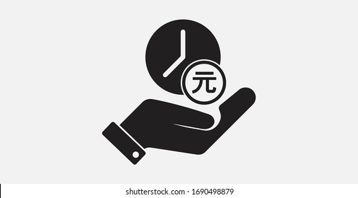 Time is money icon in a hand. Business design. Financial item icon. Money and time icon. Banking vector. Chinese Renminbi Yuan and clock icon