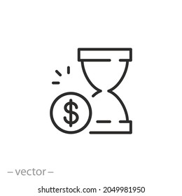 time with money icon, hourglass and dollar coin, deferred cash or capital profit, economic process, affluence loan, thin line symbol - editable stroke vector illustration