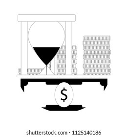 Time money icon line. Hourglass with banknote and stacked coins. Vector illustration