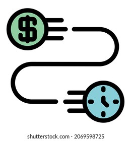El tiempo es un icono del dinero. El tiempo de contorno es el dinero vectorial icono color plano aislado