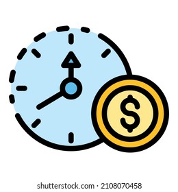 El tiempo es un icono del dinero. El tiempo de contorno es el dinero vectorial icono color plano aislado