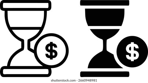 Conjunto de iconos de dinero de tiempo: símbolo de dólar de reloj de arena blanco y negro para finanzas, inversiones y negocios