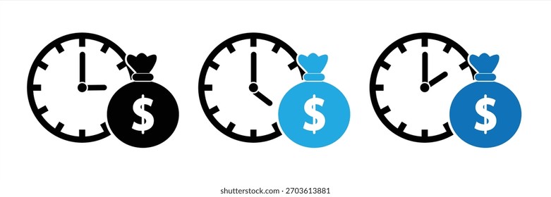 El tiempo es un conjunto de iconos de dinero. Reloj con signo de dólar. Ilustración vectorial.