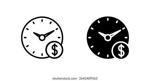 Conjunto de iconos de tiempo y dinero que combina reloj y dólar para representar las tasas por hora y la facturación independiente