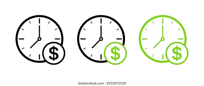 Time Money Icon Set. Dollar Watches. Linear  Flat Style. Vector icons