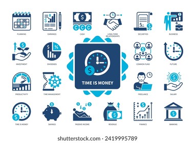 Zeit ist Geld Symbol gesetzt. Planung, Sparen, Zeitmanagement, Bankwesen, Wertpapiere, Investitionen, Finanzen, Einnahmen. Duotone-Farbsymbole