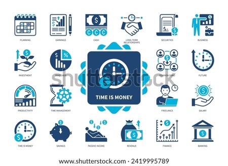 Time is Money icon set. Planning, Savings, Time Management, Banking, Securities, Investment, Finance, Revenue. Duotone color solid icons