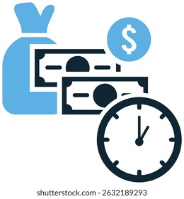 Tempo é o vetor do ícone do dinheiro para os visuais de produtividade, economia de tempo e eficiência de custos. Ideal para ícones de negócios, gerenciamento de projetos e ilustrações de planejamento econômico.