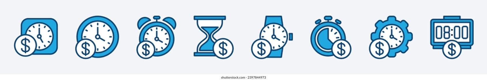 Time is money icons. Time, clock, and timer with money or coin sign and symbol. Vector illustration