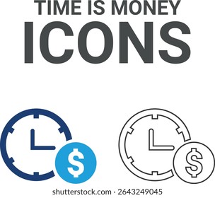 Time is money icons,  Line art icons, Timer, alarm, schedule, hourglass, clock icons. Solid icon collection.