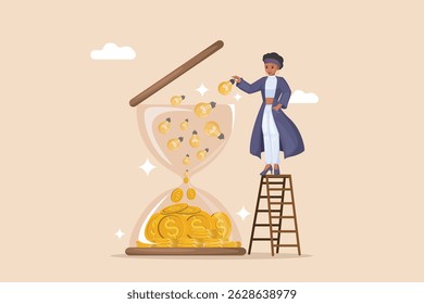 Time is Money for Ideas. A Woman on a Ladder Placing Light Bulbs into an Hourglass That Converts Them to money.