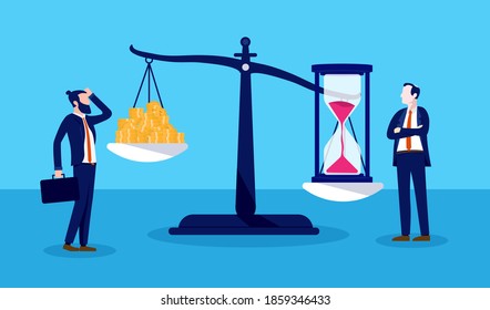 Time is money illustration - Businessmen measuring the value of time versus money. Time is more valuable than money concept. Vector format.