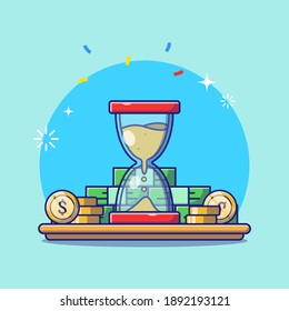 Time is Money Illustration with Money, Penny, and Hourglass. Financial or Business Icon Concept for Transaction, Trade, Growth, Investment, and Economy. Flat Cartoon Vector Illustration Isolated.