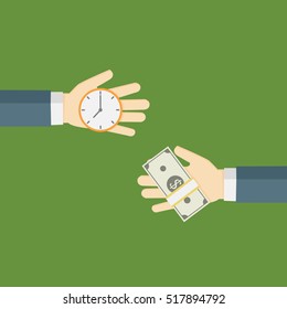 Time Is Money Illustration, People Hand Exchanging Time With Money