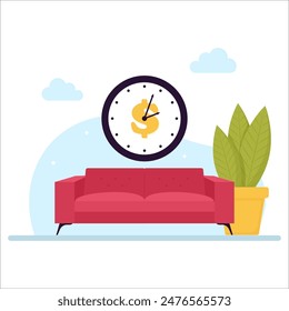 Time is money, illustration of a sofa and a clock with a dollar sign.