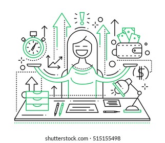 Time is money - illustration of vector modern simple line flat design composition and infographics elements with a happy female