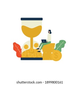 Time is money illustration, woman work with her laptop on stack of coins beside hourglass