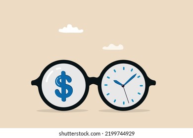 Time is money, investment profit or pension fund, value price or long term investing, saving money or debt payment, financial freedom concept, eyeglasses with dollar sign and time running clock.