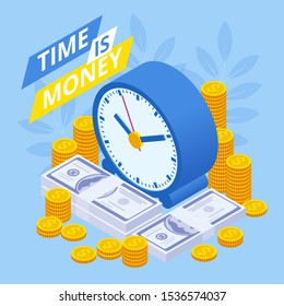 Time is money isometric concept. Business financial ideas, alarm clock and stack of coin. Time management planning, Deadline.