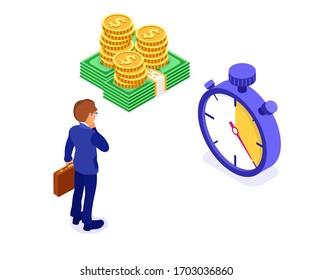 time or money isometric concept character businessman with briefcase makes choice between coins and stopwatch time management isometric isolated vector illustration