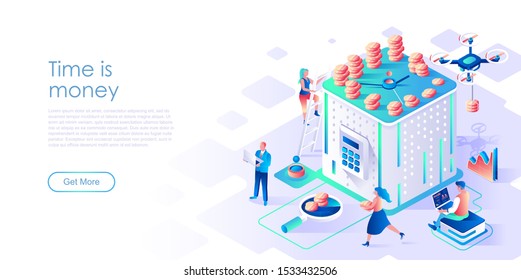 Time is money isometric landing page vector template. Finances management, banking service website homepage UI illustration layout. Profitable deposit investment web banner concept