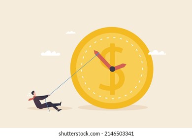 Time is money. Lack of time or running out of time.  short and long term investment. 
Businessman trying to stop time for raising money.