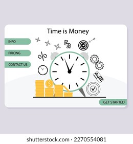 Time is money landing web page with clock and stack of coins. Vector time value of money, financial growth and independence, financial freedom and stability illustration