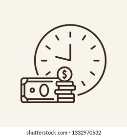 Time is money line icon. Clock and cash, watch, stack of coins, banknotes. Business concept. Can be used for topics like finance, profit, income