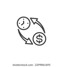 Time is money line icon. linear style sign for mobile concept and web design. Money with clock and arrows outline vector icon. Symbol, logo illustration. Vector graphics