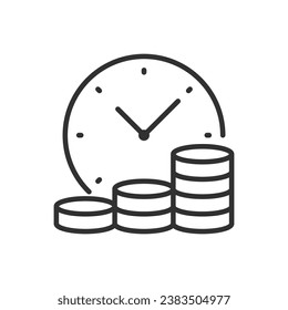 Time and money, linear icon. Clocks and stacks of coins. Increasing income over time. Line with editable stroke