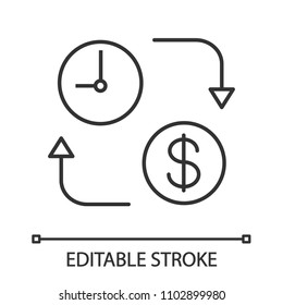 Time is money linear icon. Thin line illustration. Clock with dollar sign. Deposit. Time to money conversion. Contour symbol. Vector isolated outline drawing. Editable stroke