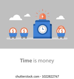 Time is money, long term, fund management, return on investment, fund raising, income increase, profit growth, interest rate, mutual fund, pension savings, vector flat illustration