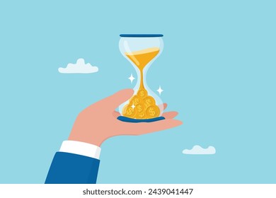 Time is money, long term investment to gain profit earning, interest rate return from savings, salary growth or wage increase concept, businessman hand holding hourglass with sand falling to money.