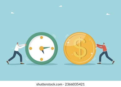 Time is money, long-term return on investment, pension fund concept, interest income from investments or deposits, time to receive money, hourly wages, men rolling watches and coin towards each other.