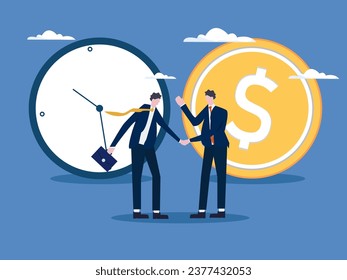 Time is money, long-term return on investment, pension fund concept, interest income from investments or deposits, time to receive money, hourly wages, men rolling watches and coin towards each other.