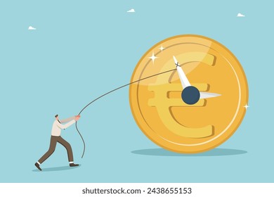 Time is money, long-term return on investment, pension fund concept, interest income from investments or deposits, time to receive money, hourly wages, man pulling clock hands on a euro coin.