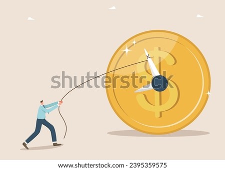 Time is money, long-term return on investment, pension fund concept, interest income from investments or deposits, time to receive money, hourly wages, man pulling clock hands on a coin. 