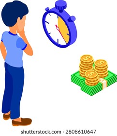 time or money man faced with choice time or money isometric concept character man makes choice between coins and stopwatch isometric isolated vector illustration