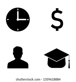 Time, Money, Man, Knowledge Icons isolated on white background. Business Concept. Black Silhouette Signs. Vector illustration for Your Design, Web.
