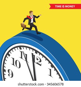 Time is money. Time management abstract illustration, isometric style. Businessman with briefcase running on the blue clock