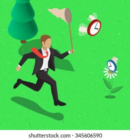 Time is money. Time management abstract illustration, isometric style. Time management business concept. Businessman with a butterfly net running for clock with wings